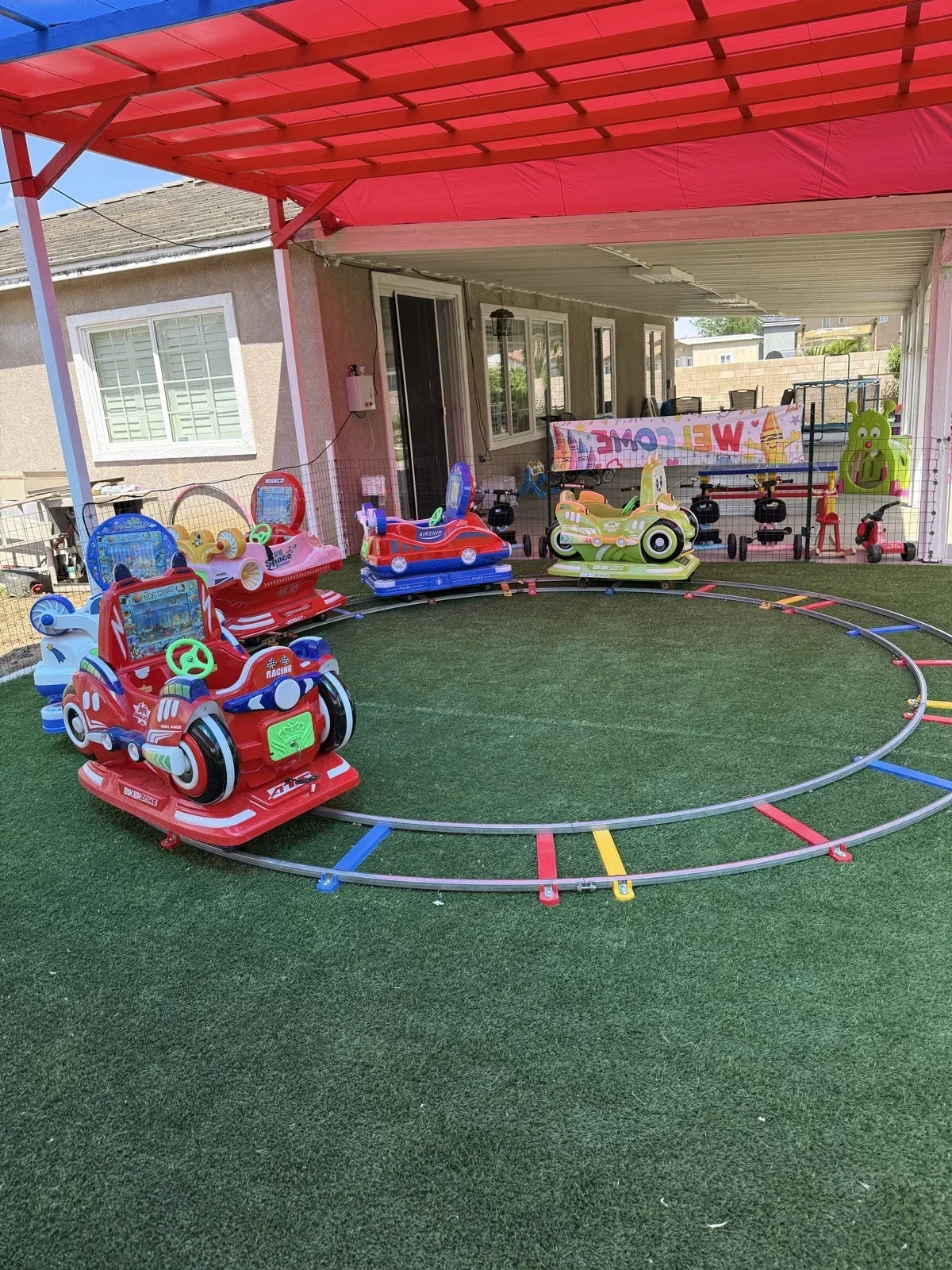 Outdoor Ride-On Track Under Canopy at Fairy Tale Child Care Palmdale